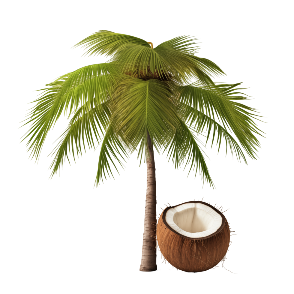 Tall Tropical Coconut Palm Tree With Fresh Green Fronds And A Split Coconut png