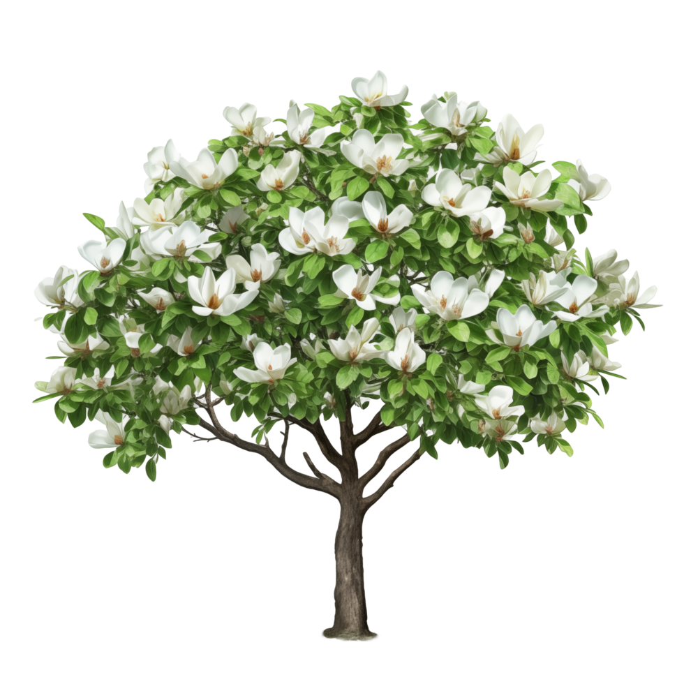 Magnolia Tree In Full Bloom With White Flowers And Green Leaves png