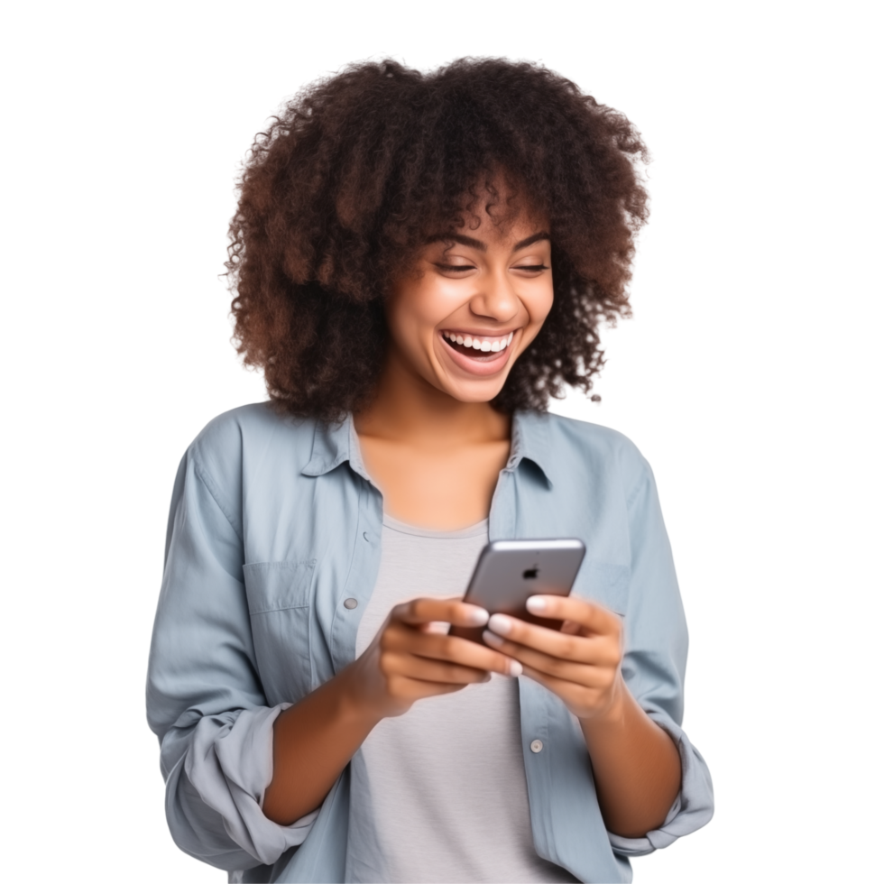 Smiling Woman Holding A Smartphone And Typing A Message With Joyful Expression png