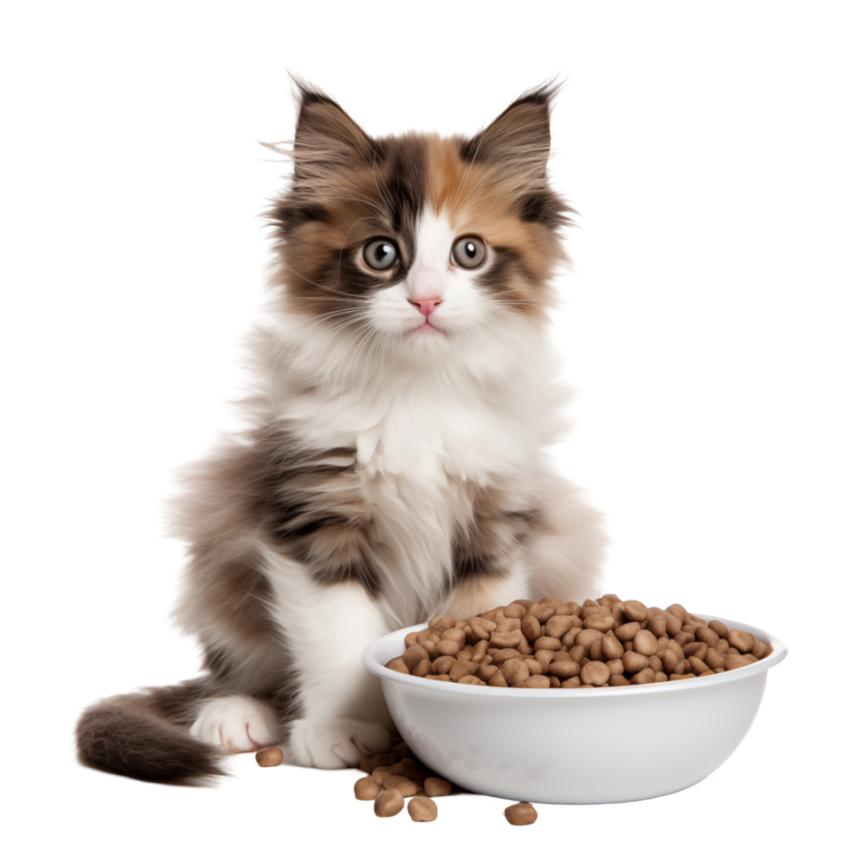 Fluffy Kitten Sitting Next To A Bowl Of Cat Food With Curious Eyes And Soft Fur png