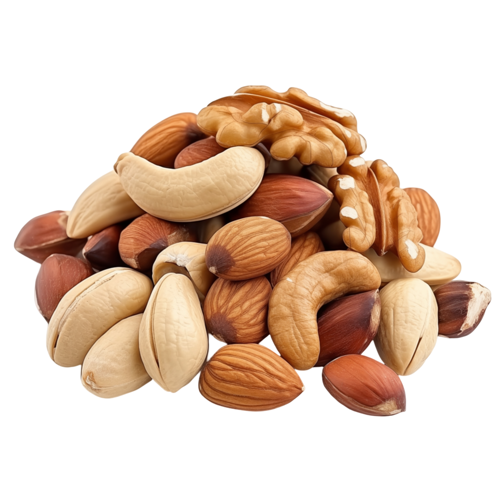 Pile Of Mixed Nuts Including Walnuts, Cashews, And Almonds On A Transparent Background png