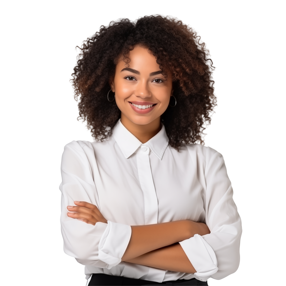 Portrait Of A Smiling Young Woman In White Shirt With Curly Hair png