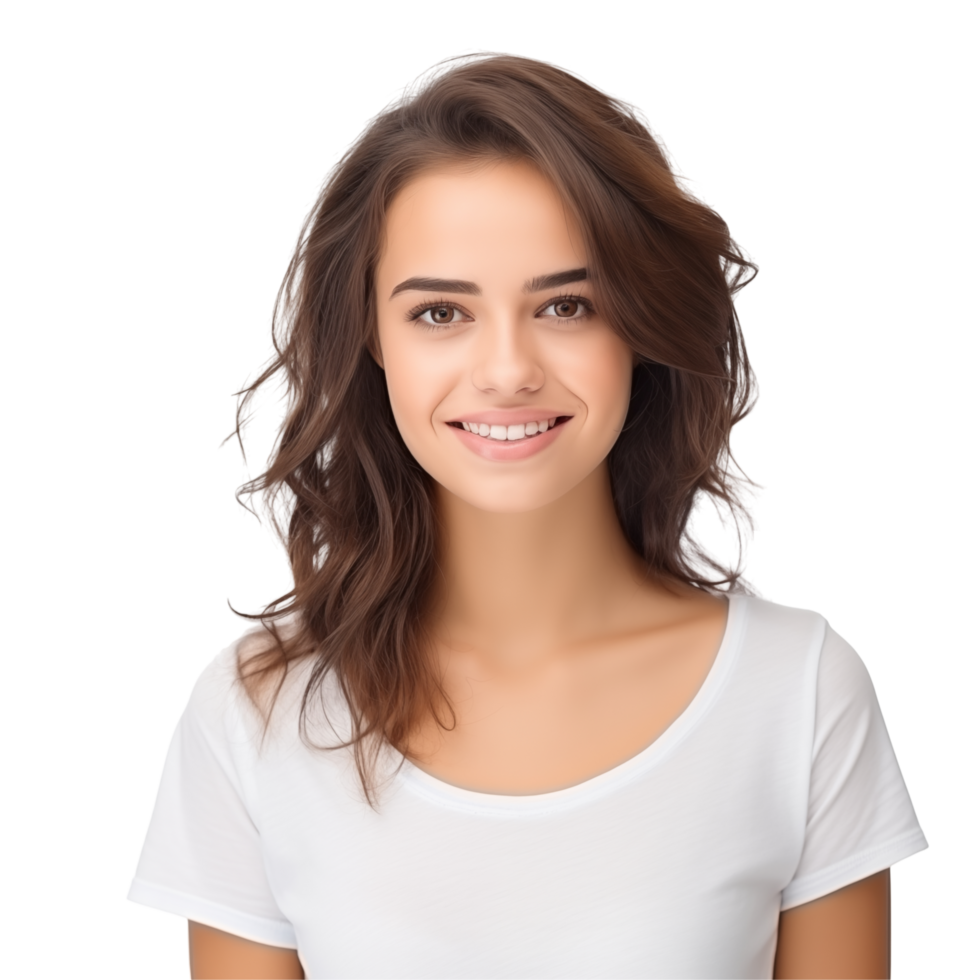 Portrait Of A Smiling Young Woman With Brown Hair Wearing A White Shirt png