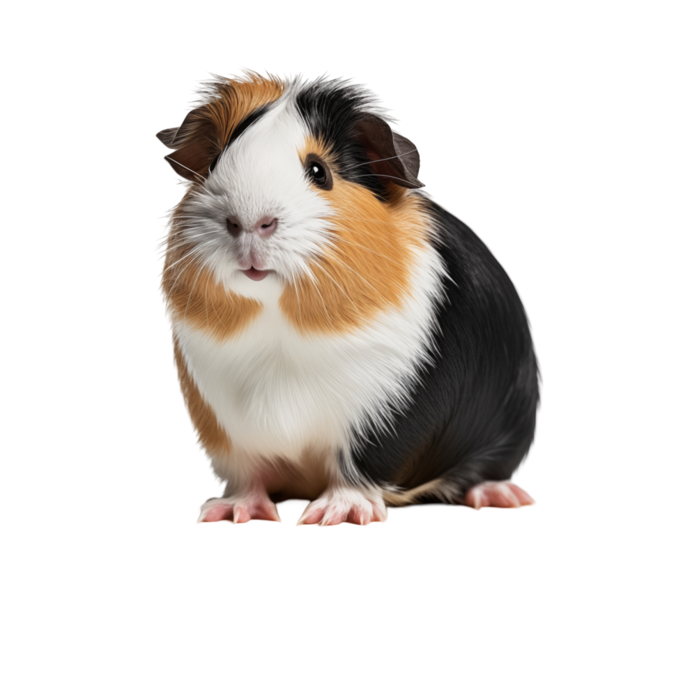 Cute Tri-Color Guinea Pig Sitting On A Wooden Block With Curious Expression png