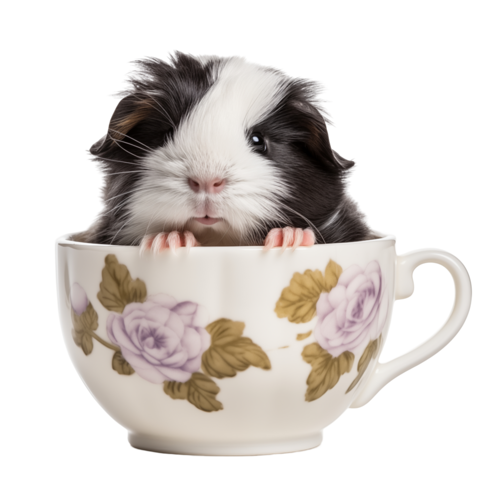 Tiny Guinea Pig Sitting Inside A Floral Teacup With Paws Resting On The Rim png