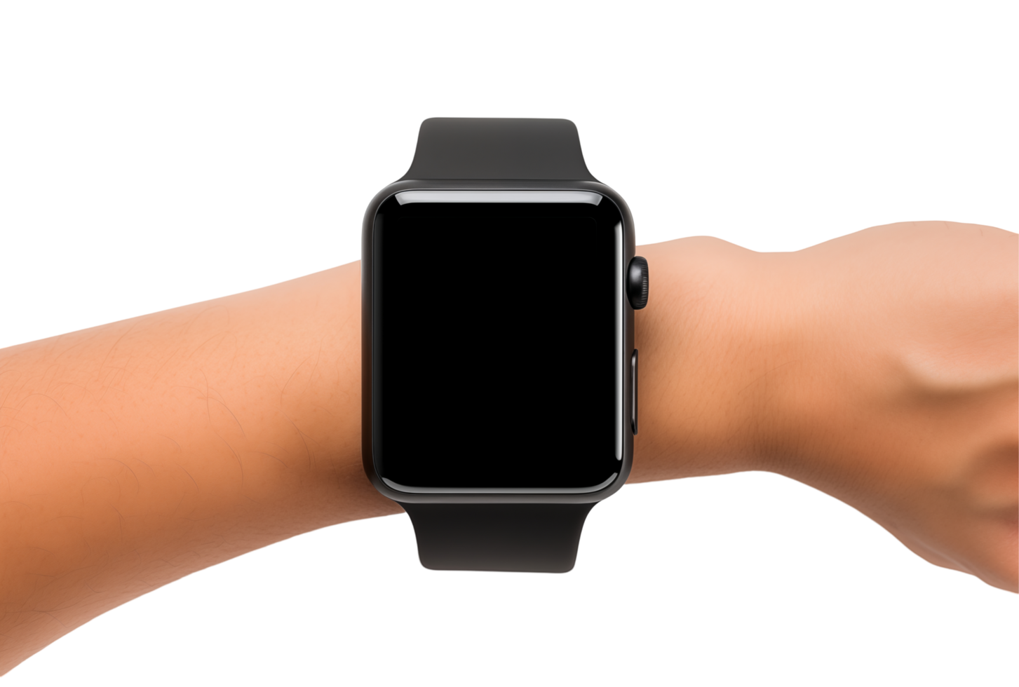 Black Smartwatch With Blank Screen On Human Wrist Isolated On Transparent Background png
