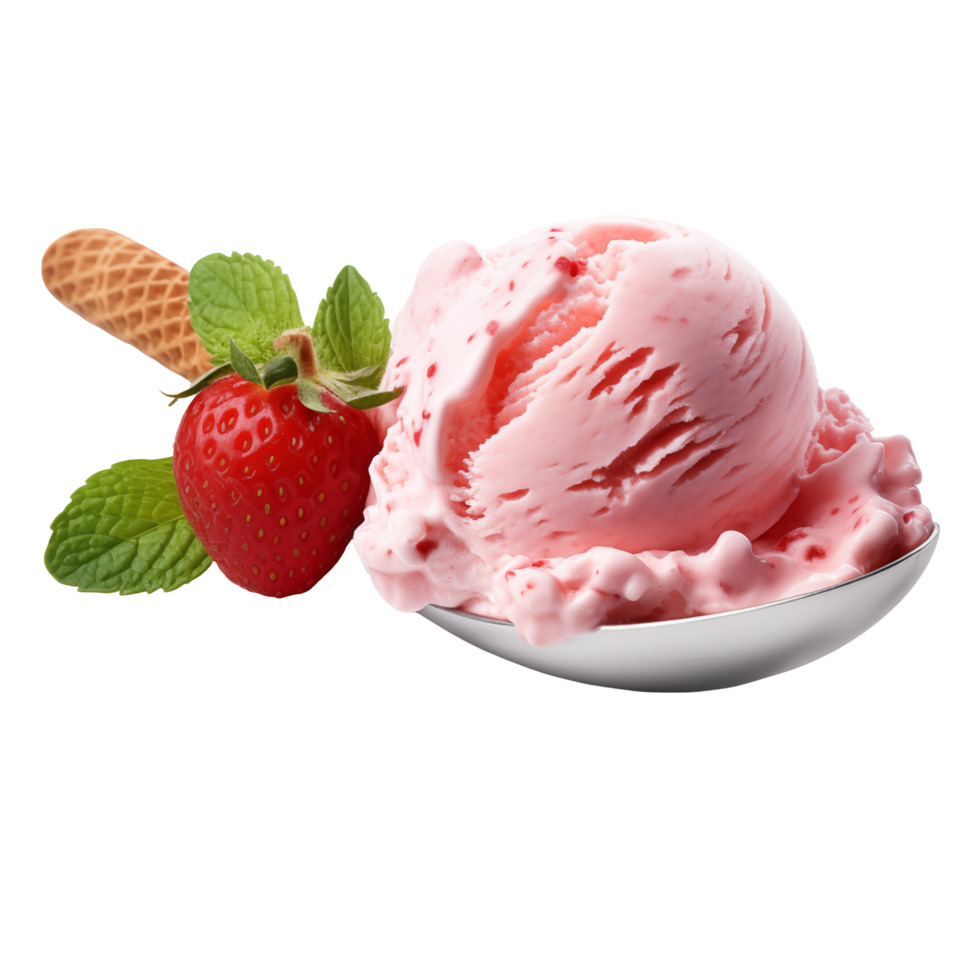 Scoop Of Strawberry Ice Cream With Fresh Strawberry And Mint Leaves On A Transparent Background png