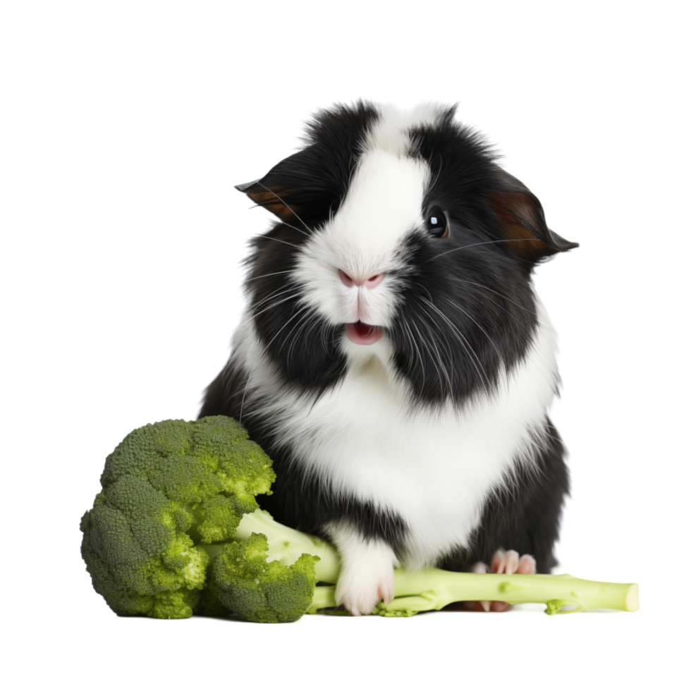 Adorable Black And White Guinea Pig Eating Broccoli On A Transparent Background png