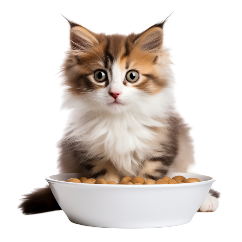 Fluffy Kitten Sitting In Front Of A White Bowl Filled With Food On Transparent Background png