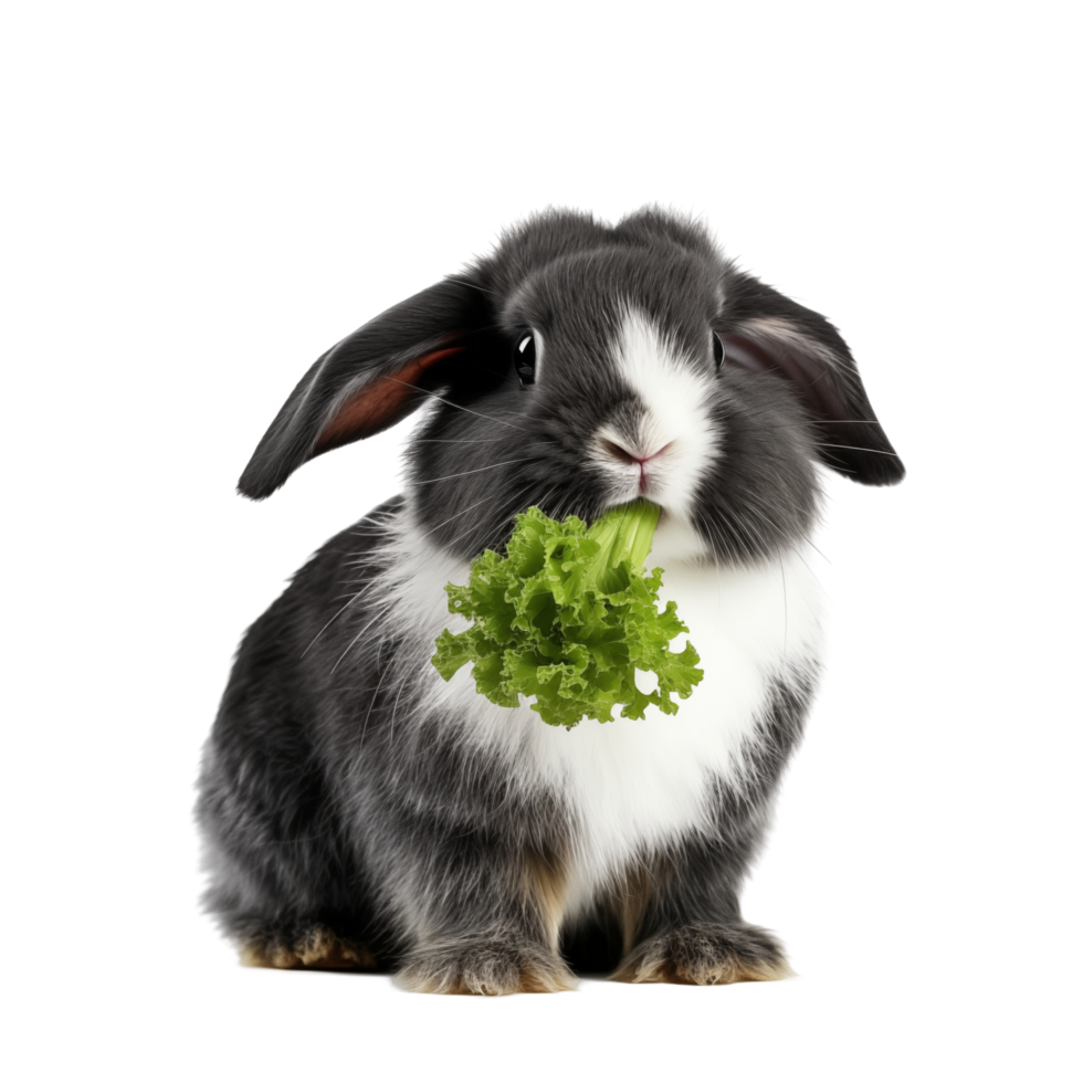Black And White Rabbit Eating Fresh Green Lettuce On A Transparent Background png