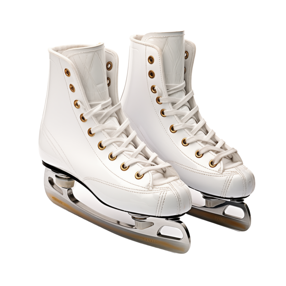 Pair Of White Ice Skates With Gold Eyelets On Transparent Background png