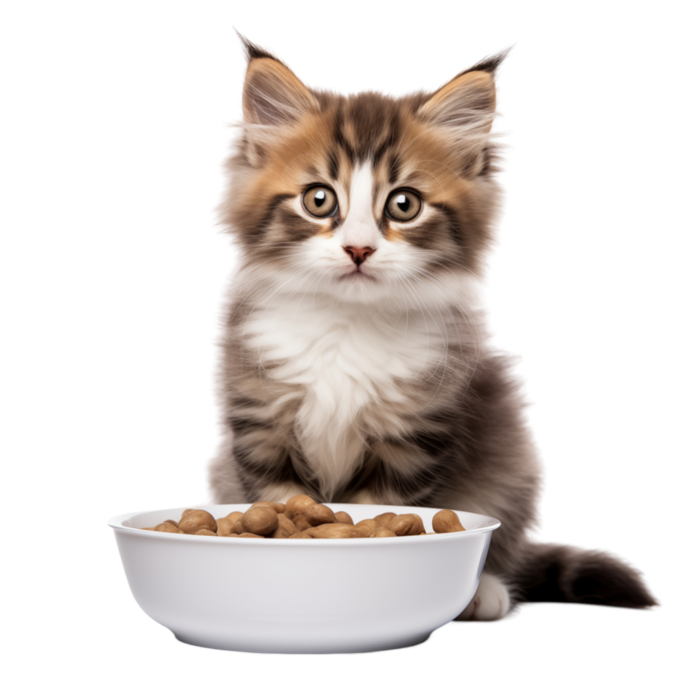 Adorable Fluffy Kitten Sitting Beside A Bowl Of Cat Food On Transparent Background png