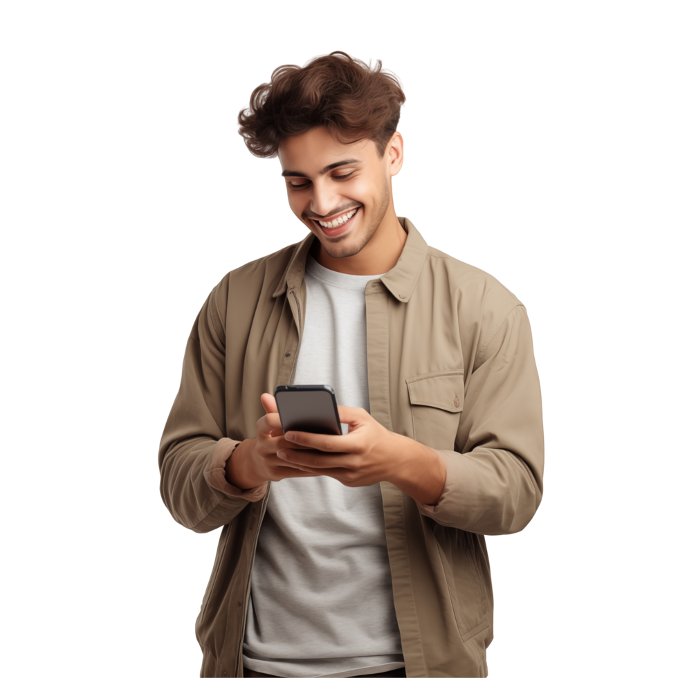 Smiling Young Man Using Smartphone In Casual Outfit Isolated On Transparent Background png