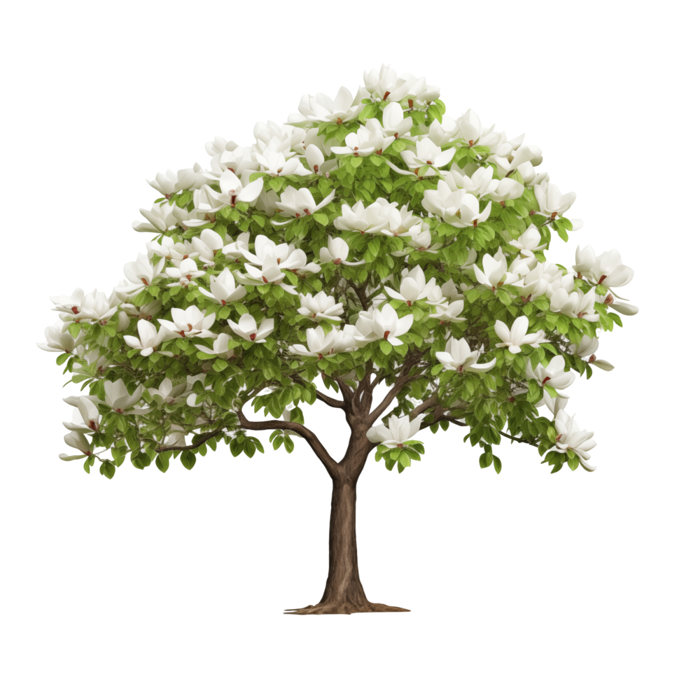 Blooming Magnolia Tree With White Flowers And Green Leaves Against A Transparent Background png