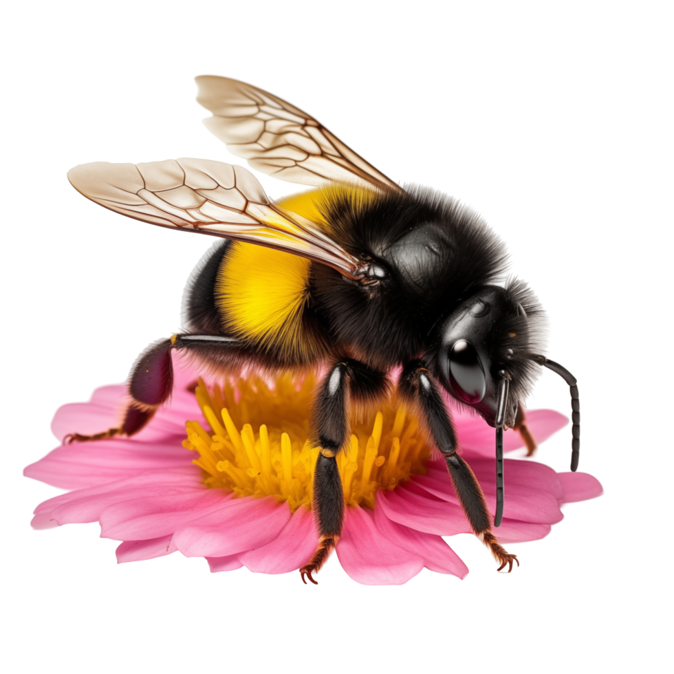Macro Shot Of A Bumblebee Pollinating A Pink Flower With Detailed Wings On A Transparent Background png