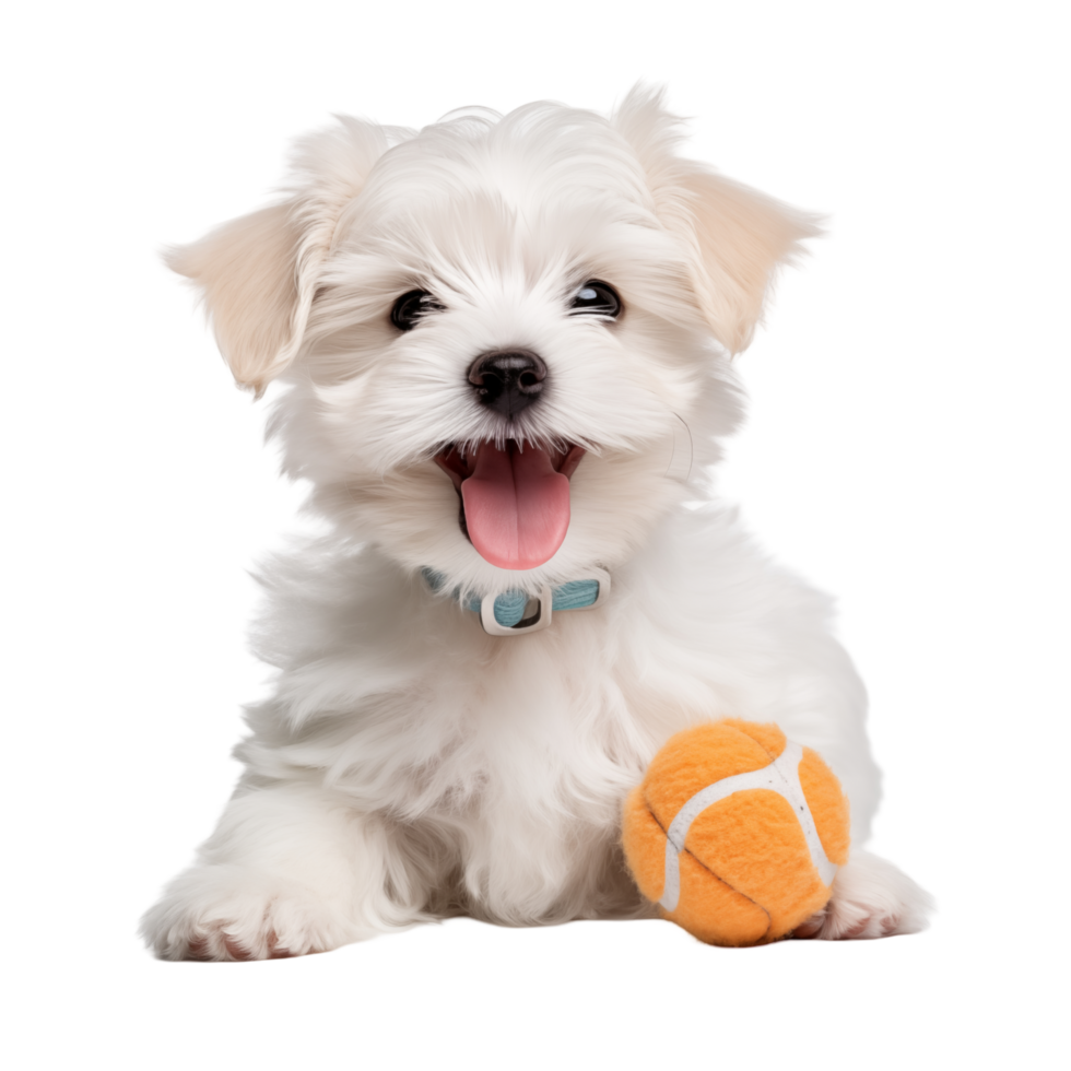 Happy Maltese Puppy Lying Down With Orange Tennis Ball On Transparent Background png