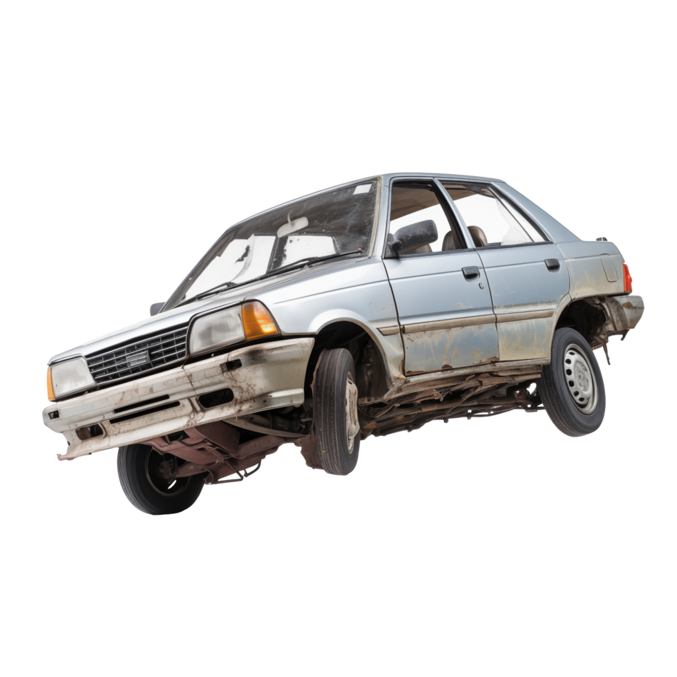 Old Wrecked Car Mid-Air With Rust And Damaged Bodywork On White Background png