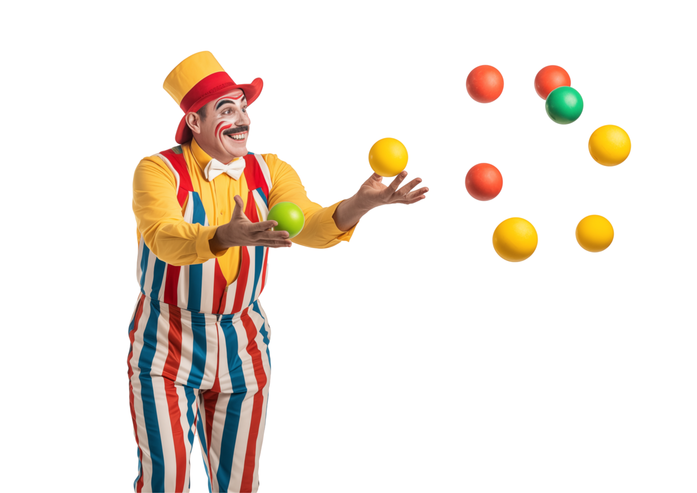 Happy Circus Clown Juggling Brightly Colored Balls While Wearing A Yellow Hat And Striped Outfit png