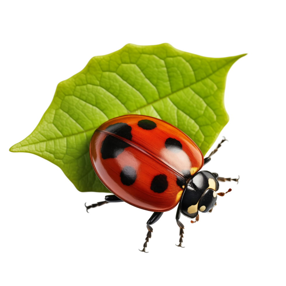 Close-Up Of A Ladybug Crawling On A Green Leaf Isolated On A White Background png