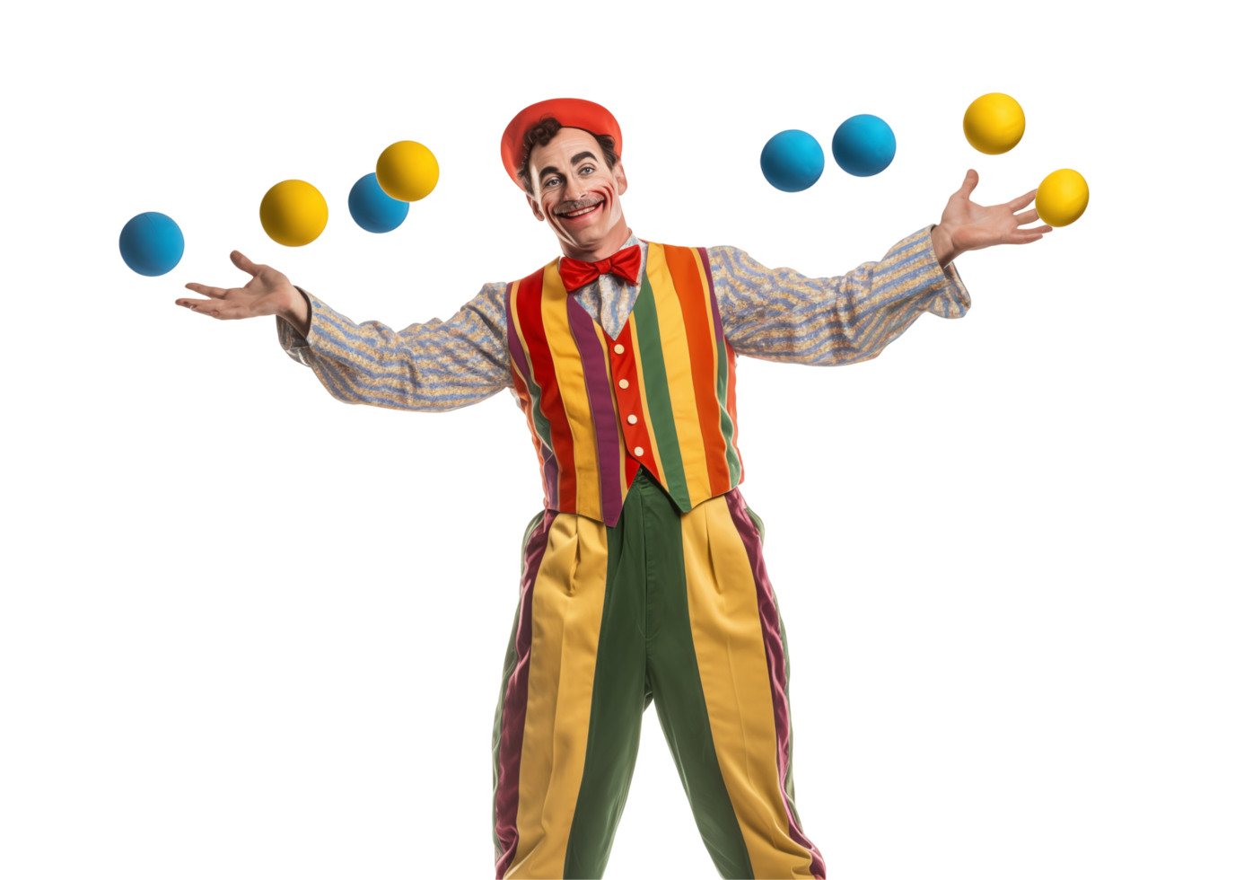 Cheerful Clown Juggling Colorful Balls While Smiling In Bright Costume On White Background png