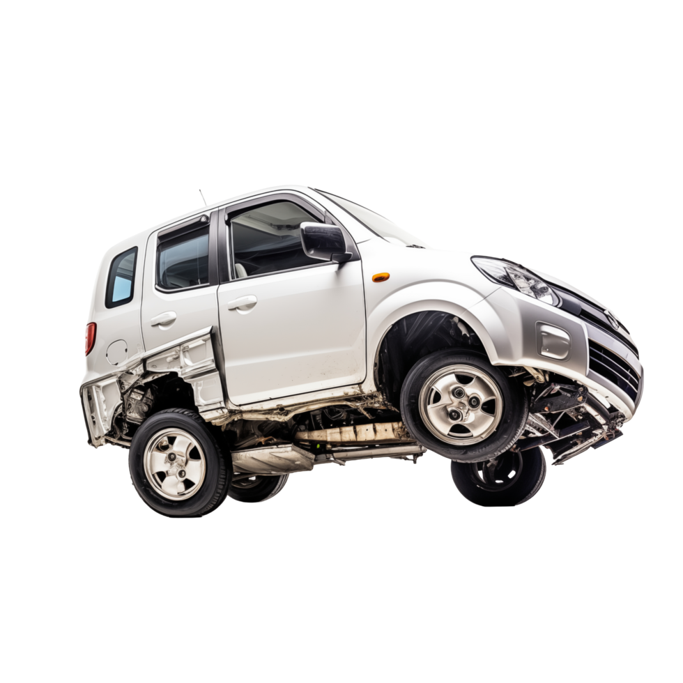 Damaged White SUV With Exposed Suspension On Transparent Background png