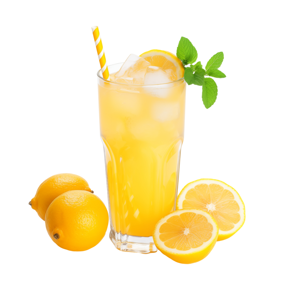 A glass of lemonade with a straw and slices of lemons png