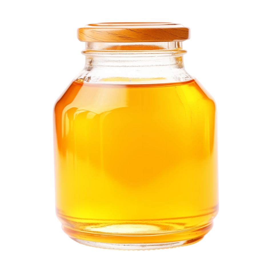Glass Bottle Filled With Golden Honey And Wooden Lid Isolated On White png