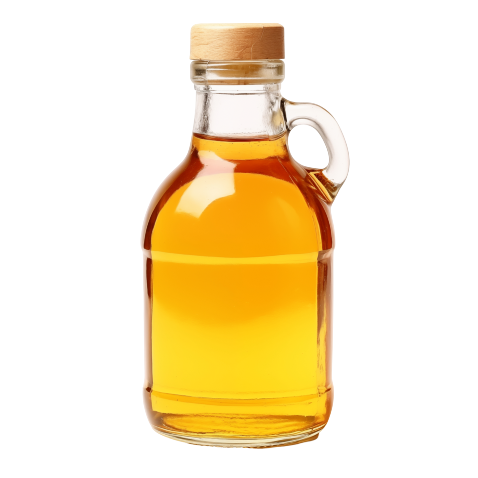 Clear Glass Bottle Filled With Golden Maple Syrup And Wooden Cap png
