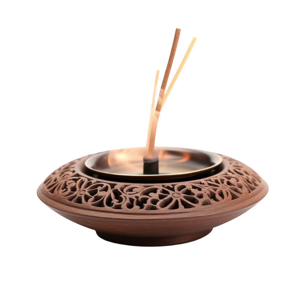 Aromatic Incense Sticks Burning In A Carved Wooden Holder Isolated On Transparent Background png