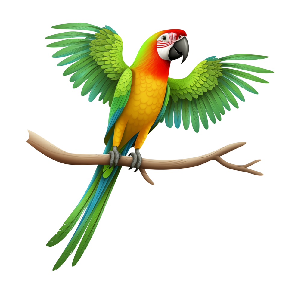 Vibrant Parrot Perched On Branch With Open Wings Isolated On Transparent Background png
