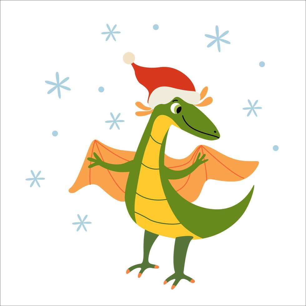 Cute baby dinosaur with wings and snowfall. Dino wearing santa hat. flat illustration for winter and Christmas cards. Xmas design vector