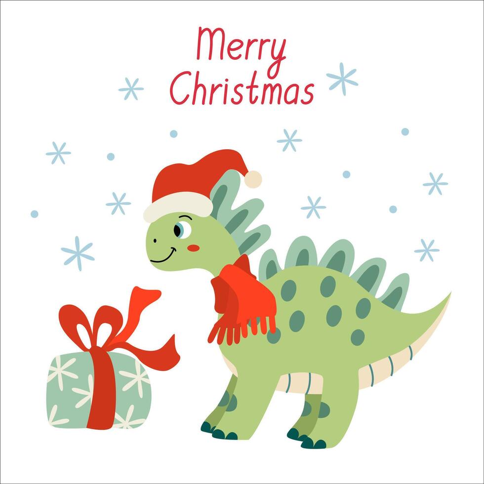 Card with a cute baby dinosaur, snow and gift box. Flat illustration and Merry Christmas hand drawn lettering. Xmas design vector
