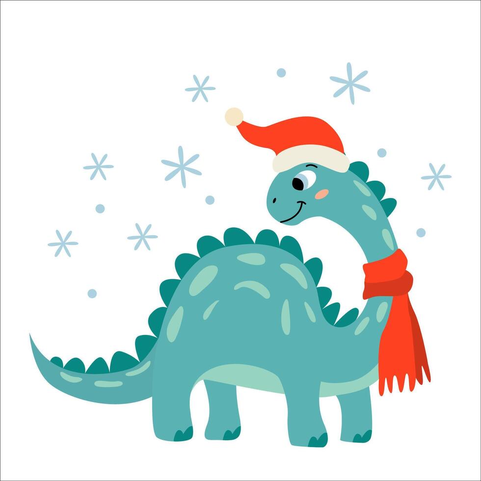 Adorable dinosaur and snowfall. Dino wearing santa hat and red scarf. Flat illustration for winter and Christmas cards. Xmas design vector