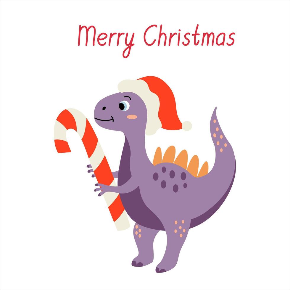 Merry Christmas card with a cute baby dinosaur and candy cane. Flat illustration and hand drawn lettering. Xmas design. vector
