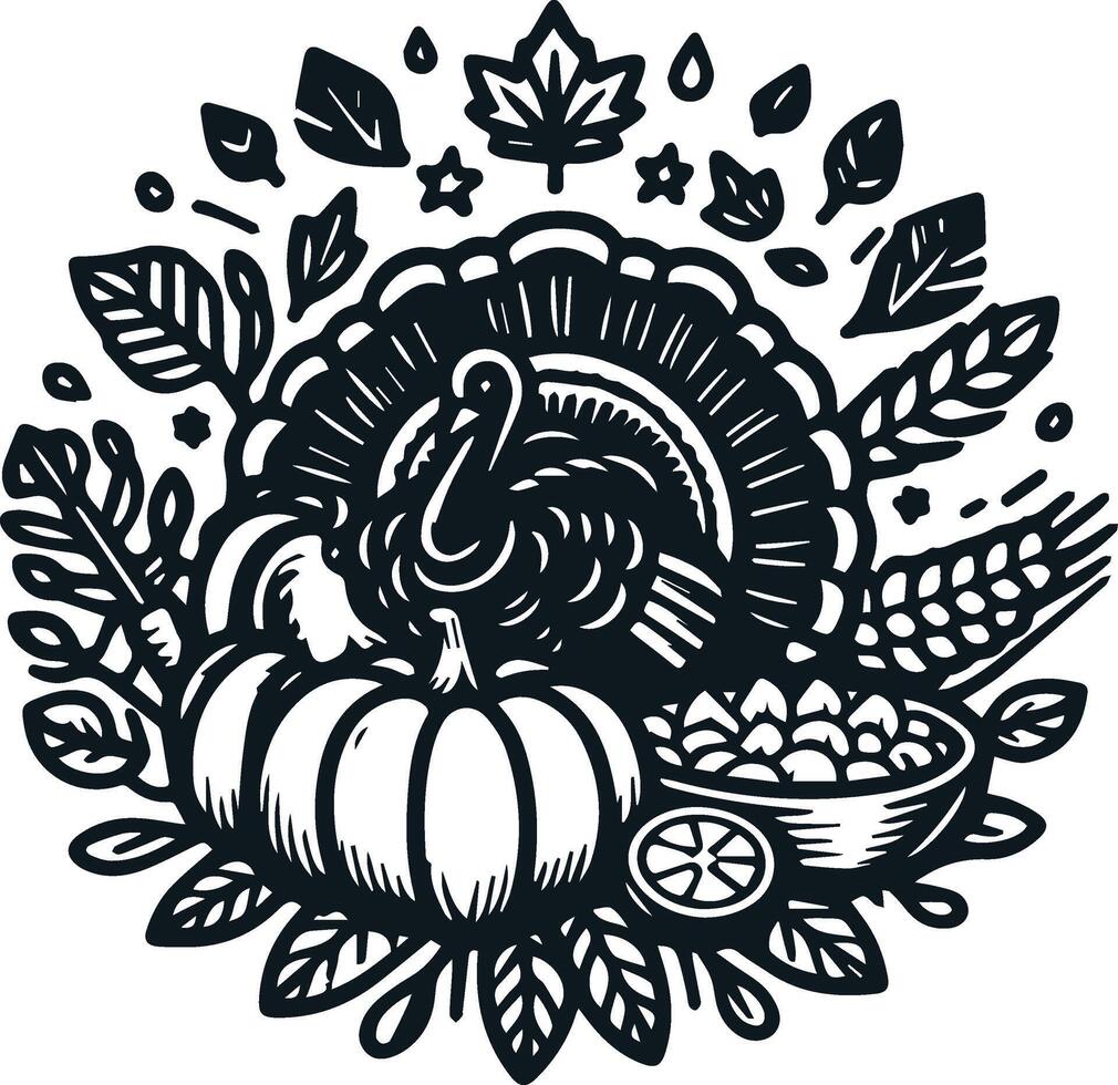 Thanksgiving turkey and other items in a circle vector