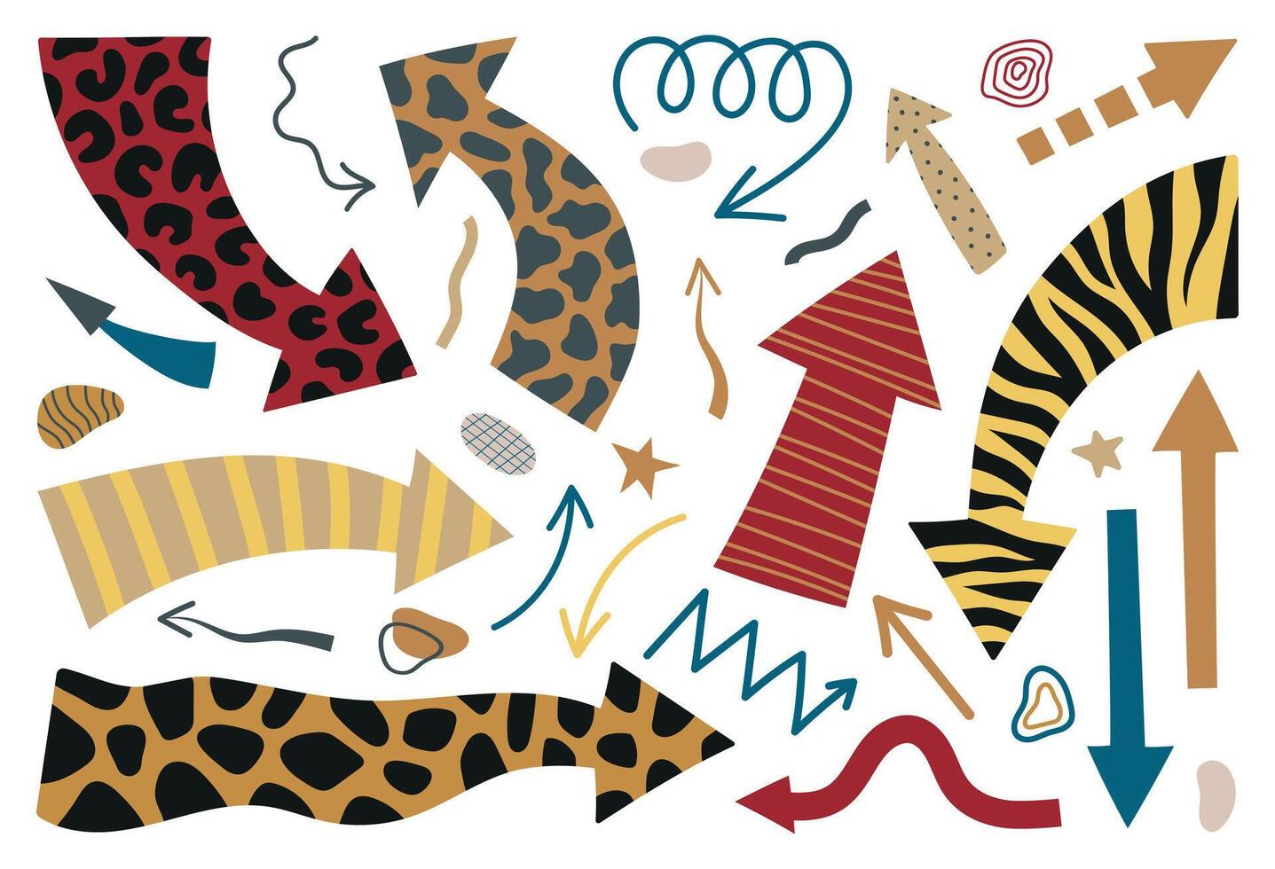 Arrows set. Psychedelic elements and arrows, animal skin print. Isolated modern illustration for your design vector