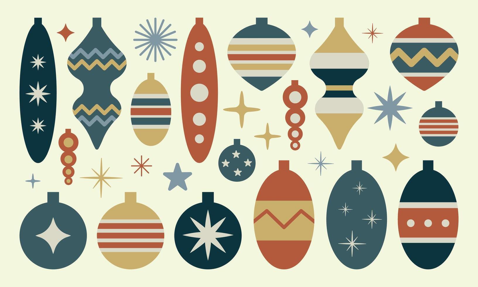 Christmas toys set. Christmas tree decoration in 70s style, retro toys and balls. Flat illustration for holiday decor. vector