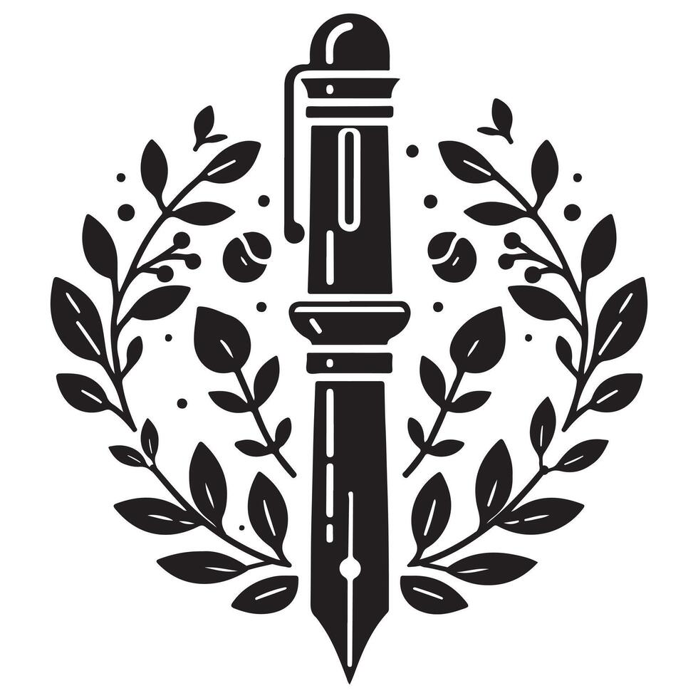 Minimalist Pen silhouette with Leaf and Dot Elements vector