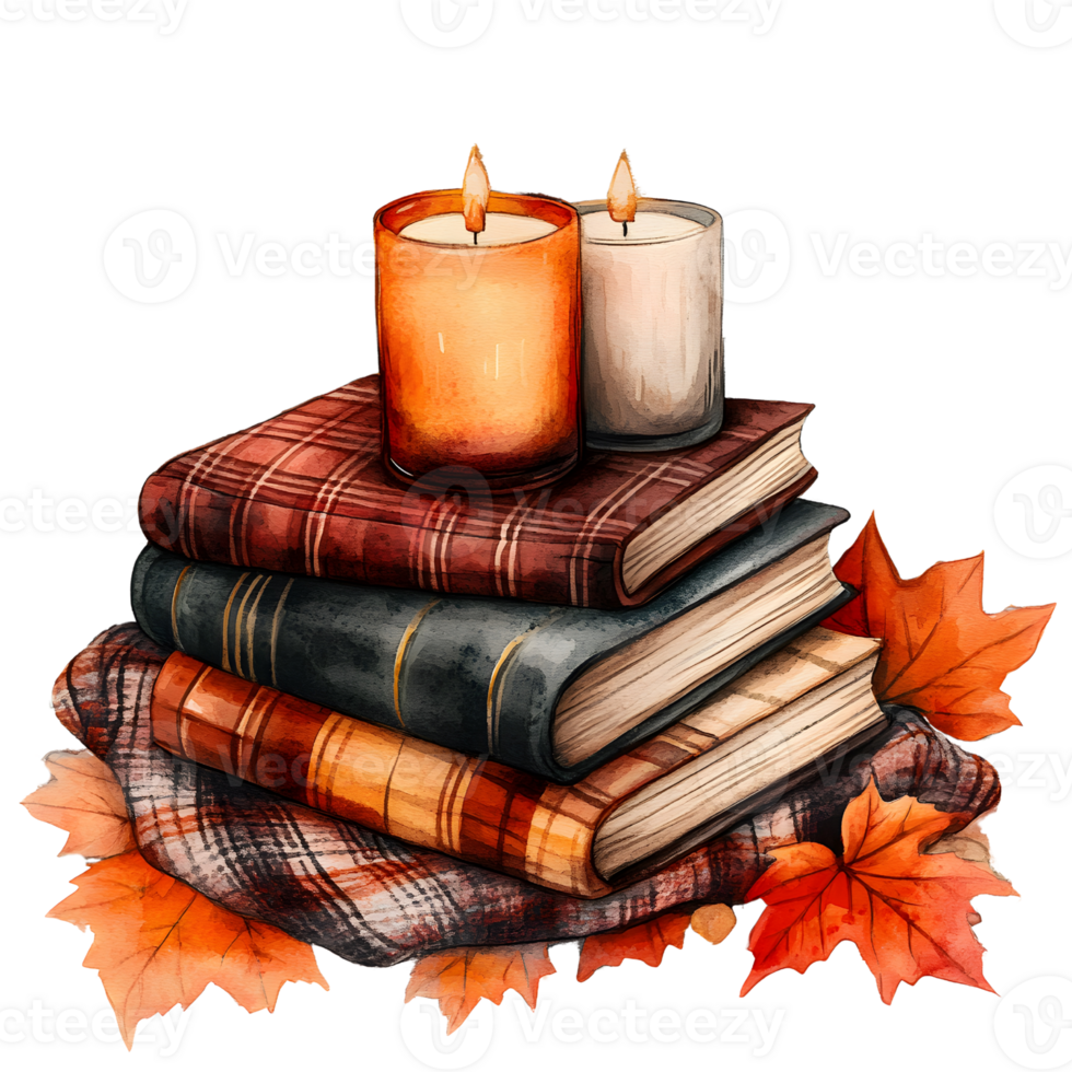 Clip art of a cozy autumn-themed hygge stack of books ,candle, blanket and autumn leaves png