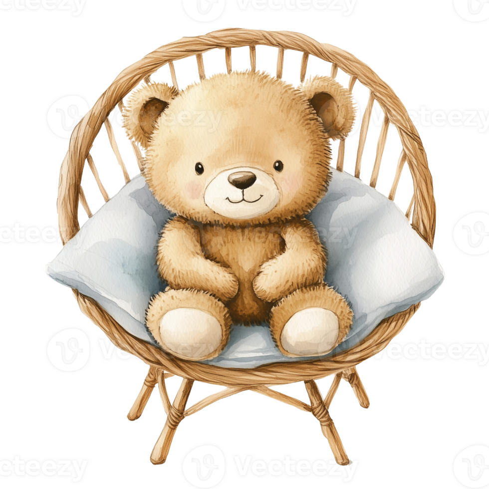 Cute baby bear sitting on rattan chair png