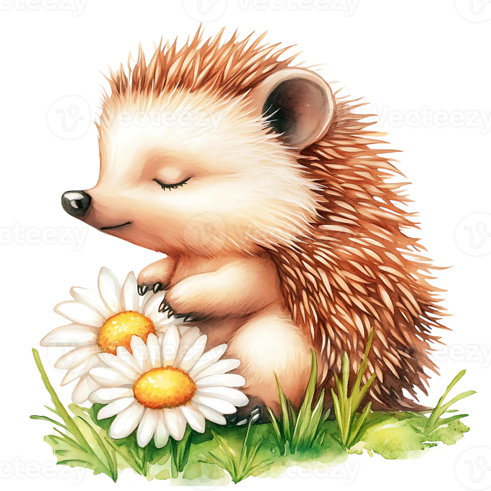 A brown cute baby A hedgehog with a white daisy, watercolor clip art png
