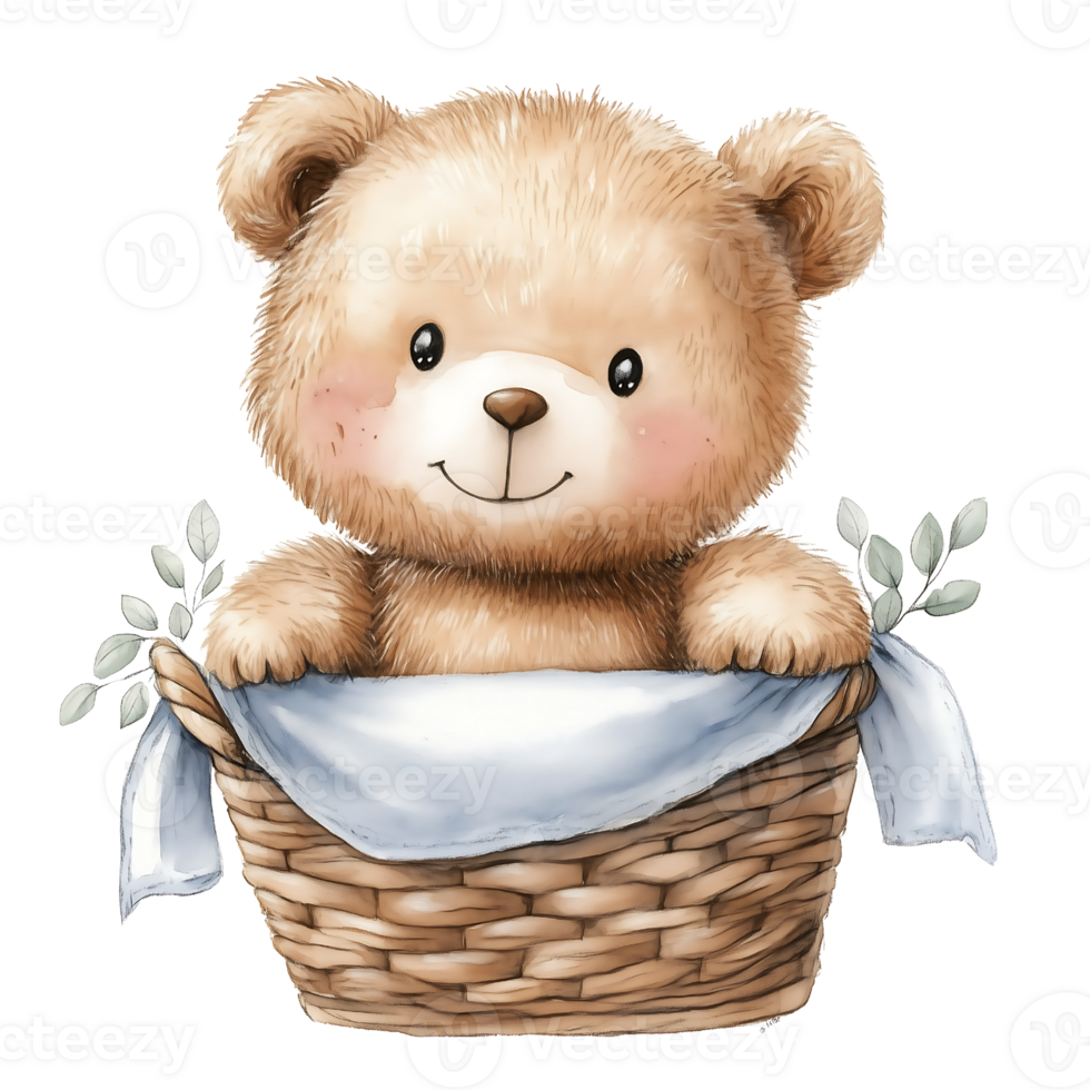 A cute baby bear in basket with pastel blue watercolor,. png