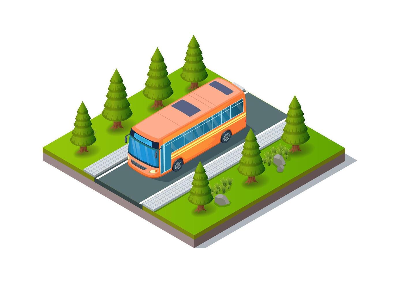 Isometric yellow bus driving vector