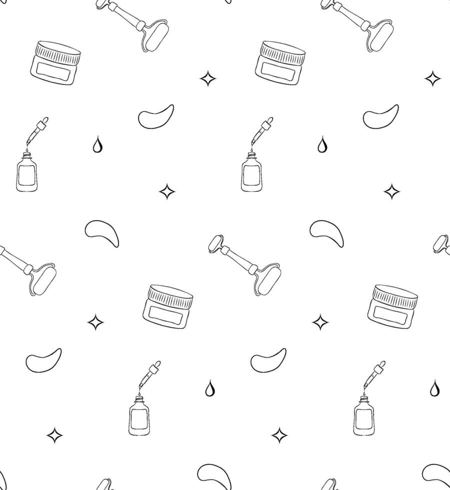 Line Art seamless pattern Products on White Background for Skin Care. Beauty Products for beauty salon, health industry, makeup artist. vector