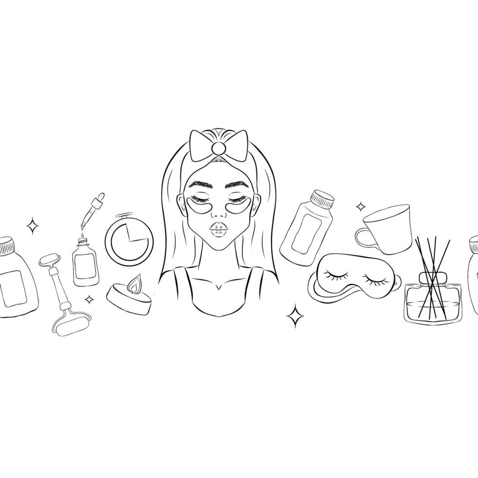 seamless pattern border of different outline bottles, tubes, flacons, cosmetic products in doodle style. Texture on theme beauty industry, skin care, hygiene products, toiletries vector