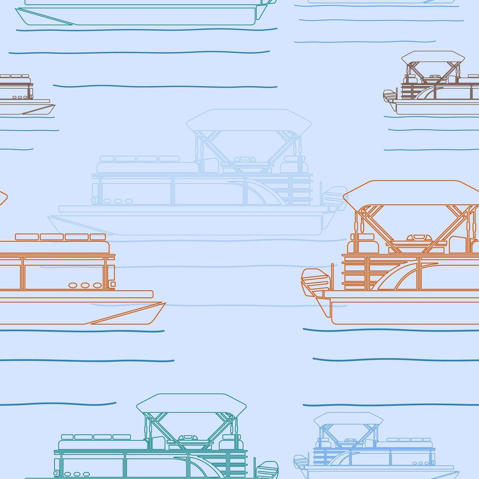 Editable Side View Outline Style Pontoon Boat Vectorized Illustration with Various Colors as Seamless Pattern for Creating Background of Transportation or Recreation Related Design vector