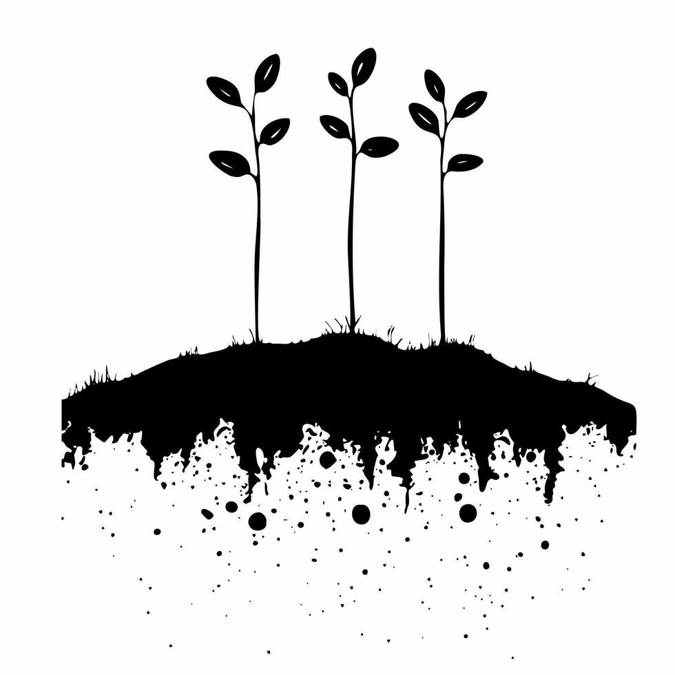 Sprouts growing from the ground. World Soil Day. Three plants in the soil. Black and white illustration. World environment day. Ecology, environmental protection. Problem of climate change vector