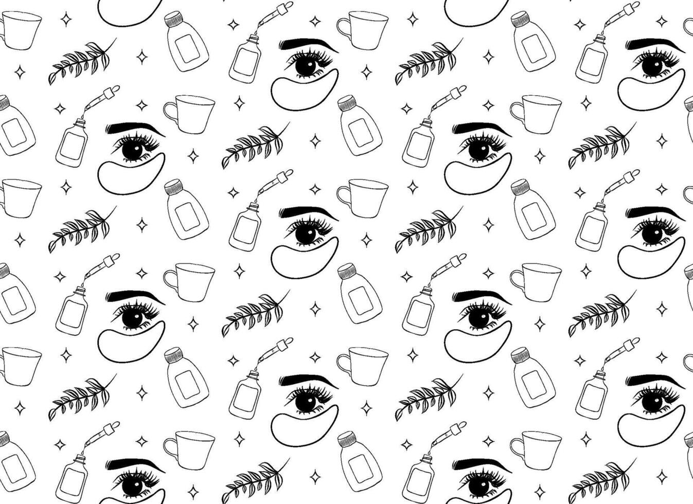 Seamless pattern cosmetics for skin care and make-up in engraving style. Cream, patches, serum, shadows, mascara, lipstick, blush, brushes vector