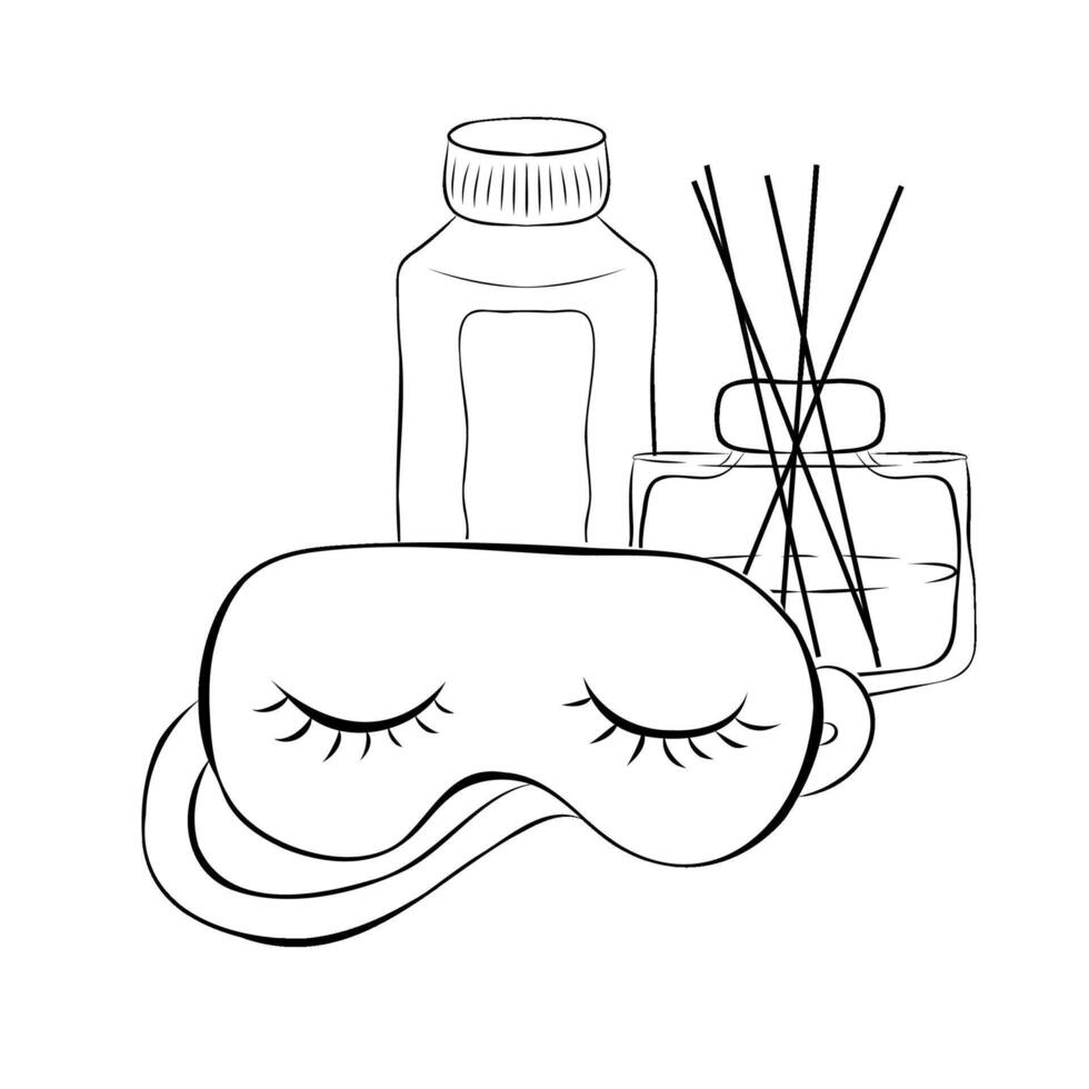 A set of relaxation items - aroma diffuser, essential oil, cream, a sleep mask. Me time, self care, slow life concept. hand-drawn illustration in doodle style. vector