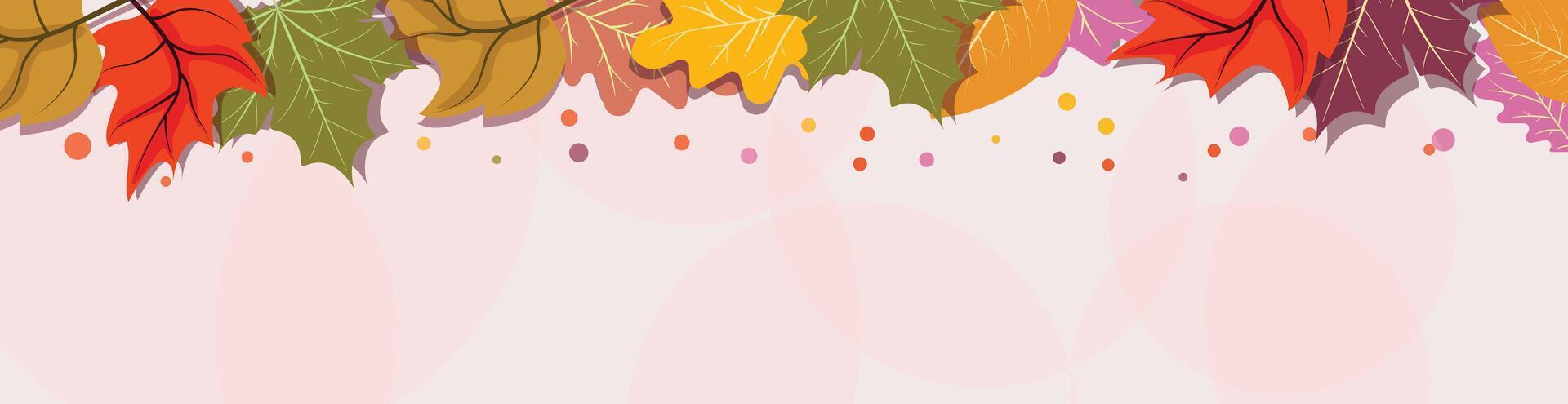 Long horizontal autumn banner with vibrant leaves and scattered dots, ideal for seasonal promotions vector